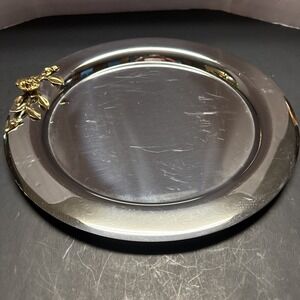 Vintage Oneida Stainless Steel 18/8 Round Serving Tray Gold Tone Rose Accent